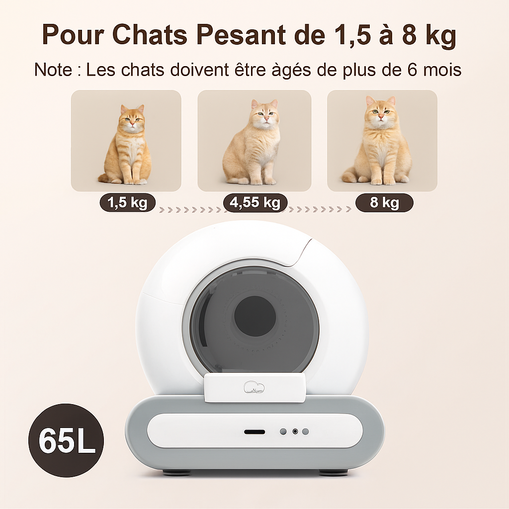 Bac à litière autonettoyant pour chat 65l, avec tapis de litière et sacs poubelles