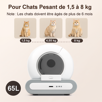 Bac à litière autonettoyant pour chat 65l, avec tapis de litière et sacs poubelles